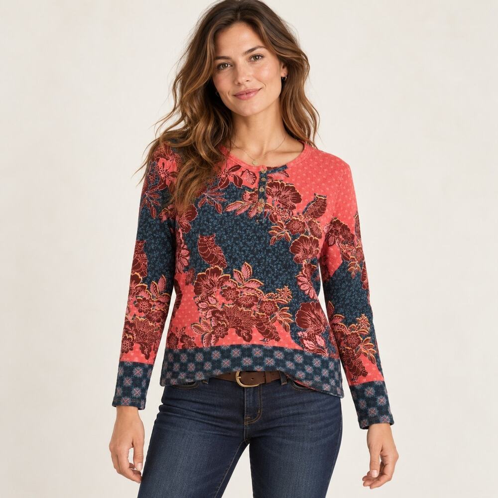Sundance XXL Owl Floral Print Cotton Thermal Henley Top Long Sleeve Boho Coral N